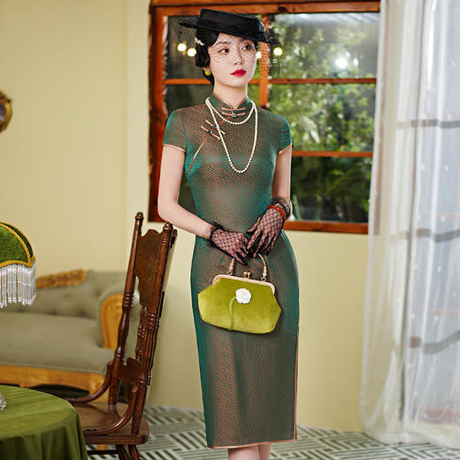 WX-WXG-7新款真丝提花段短袖文艺复古连衣旗袍裙 商品图2