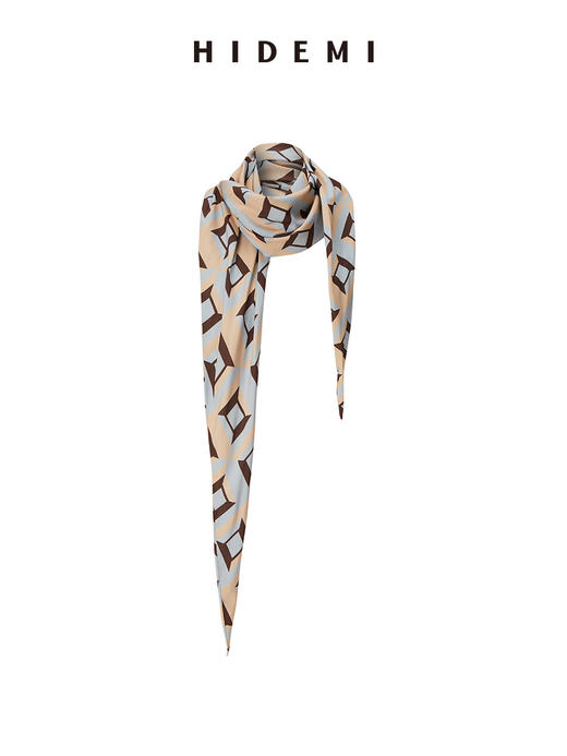 HIDEMI “我们做印花”经典几何设计感廓形印花缎面围巾 米绿/黄蓝 商品图6