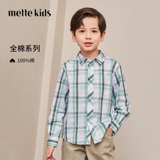 mettekids男童衬衫春秋新款儿童格子上衣童装中大童纯棉长袖衬衣 商品图0