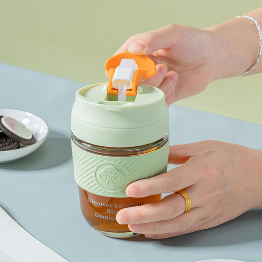 Debo德铂艾朵拉玻璃杯便携小清新有盖吸管杯套创意办公圆形大容量咖啡杯320毫升 商品图5