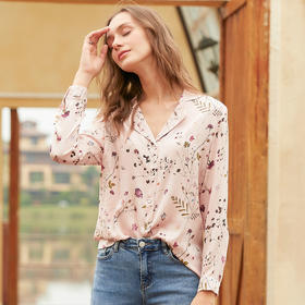 欧芮儿2022春装新款碎花雪纺衬衫女 长袖V领显瘦复古粉色chic衬衣