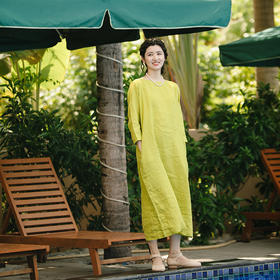 * 绽放/D284/自然文艺纯亚麻连衣裙女宽松复古大码长款棉麻裙