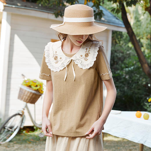 Famecoco范可儿万能T恤女夏季减龄绣花领内搭打底衫纯棉FAB3BB003 商品图0