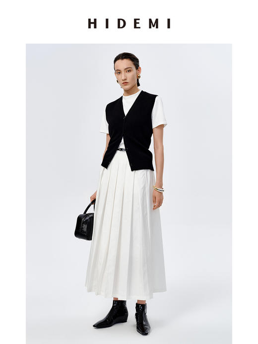 HIDEMI 美利奴羊毛V领纽扣廓形针织背心 黑色/牛油果绿 商品图2