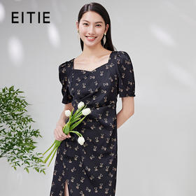 EITIE爱特爱夏新款复古泡泡袖收腰温柔桃心领显瘦通勤连衣裙B07126