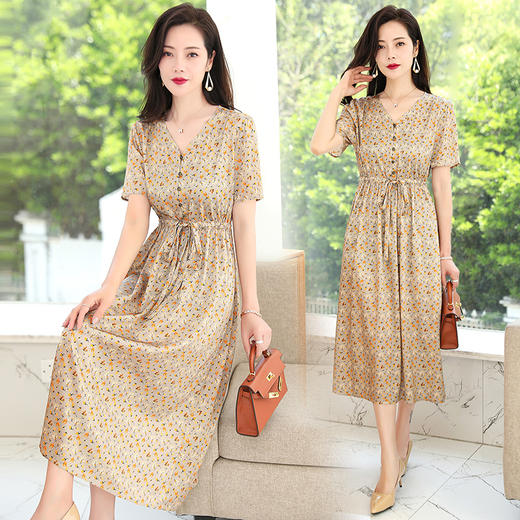 ASE-1026   V领印花气质百搭优雅真丝连衣裙 商品图0