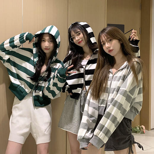 条纹连帽卫衣女薄款外套春秋新款港味宽松显瘦短款拉链上衣潮 商品图0