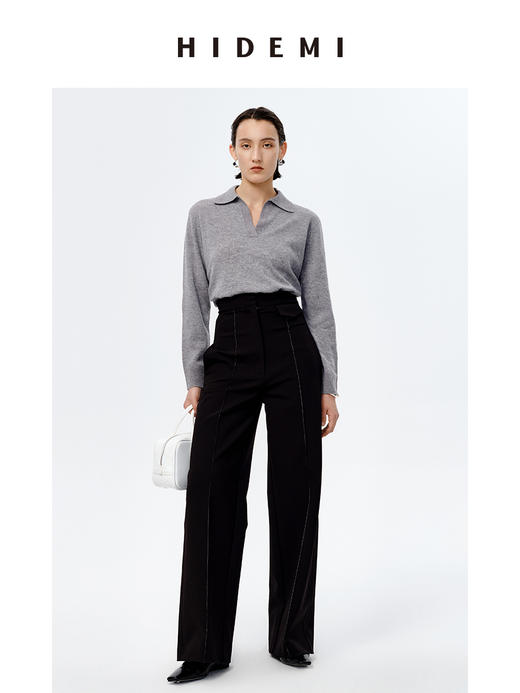 HIDEMI 美利奴羊毛系列polo式极简廓形针织毛衣 休闲灰/自然白 商品图5