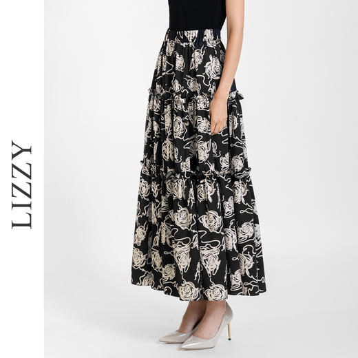 LIZZY 法式优雅玫瑰花海印花高腰中长款大摆a字半身裙7708 商品图2