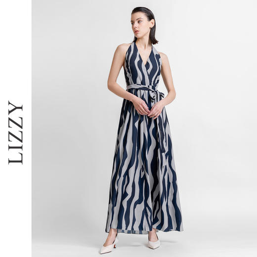 LIZZY 法式优雅条纹挂脖V领露背显瘦气质度假礼服连衣裙6243 商品图0