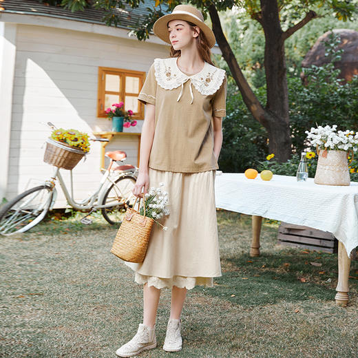 Famecoco范可儿万能T恤女夏季减龄绣花领内搭打底衫纯棉FAB3BB003 商品图4