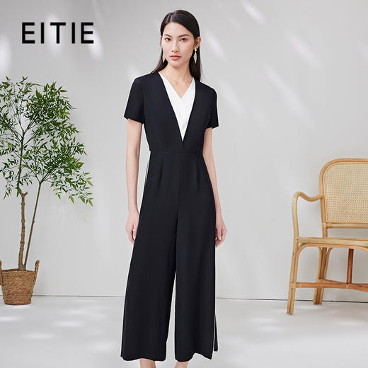 EITIE爱特爱夏新款气质V领收腰时尚通勤显瘦OL经典阔腿连体裤B2307114 商品图0