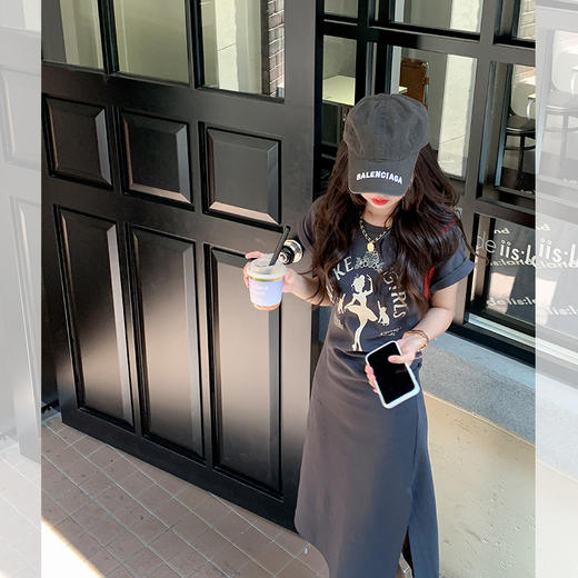 连衣裙2023新款女韩系别致小众设计感印花包臀短袖t恤长裙 商品图2