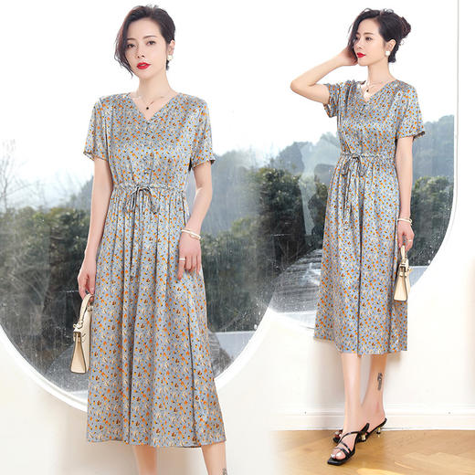 ASE-1026   V领印花气质百搭优雅真丝连衣裙 商品图2