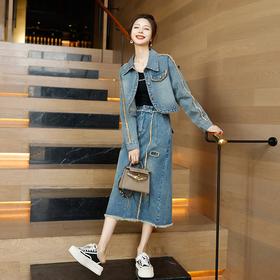 柔软舒适，翻领短外套半身裙牛仔套装HR-QSXE9263-1