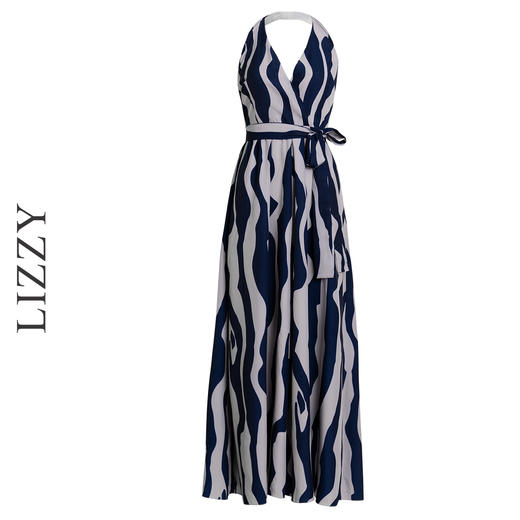 LIZZY 法式优雅条纹挂脖V领露背显瘦气质度假礼服连衣裙6243 商品图4