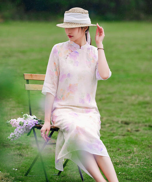 HM-S234-3春夏新款原创文艺立领苎麻印花改良旗袍侧开叉复古素雅连衣裙 商品图1