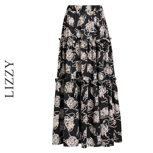 LIZZY 法式优雅玫瑰花海印花高腰中长款大摆a字半身裙7708 商品图4