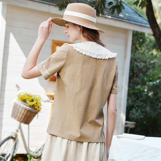 Famecoco范可儿万能T恤女夏季减龄绣花领内搭打底衫纯棉FAB3BB003 商品图3