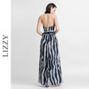 LIZZY 法式优雅条纹挂脖V领露背显瘦气质度假礼服连衣裙6243 商品缩略图3