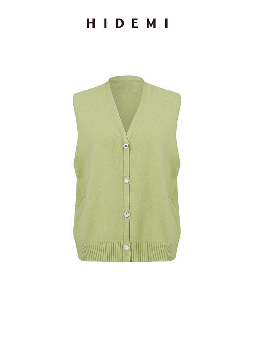 HIDEMI 美利奴羊毛V领纽扣廓形针织背心 黑色/牛油果绿 商品图8