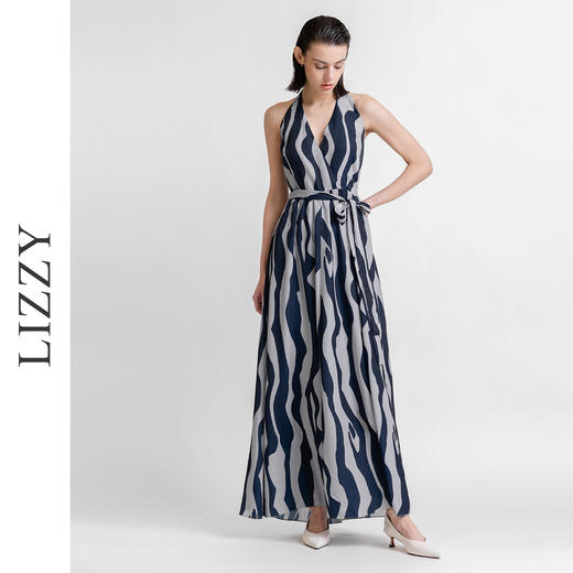 LIZZY 法式优雅条纹挂脖V领露背显瘦气质度假礼服连衣裙6243 商品图1