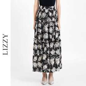 LIZZY 法式优雅玫瑰花海印花高腰中长款大摆a字半身裙7708