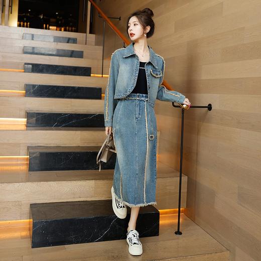 柔软舒适，翻领短外套半身裙牛仔套装HR-QSXE9263-1 商品图3