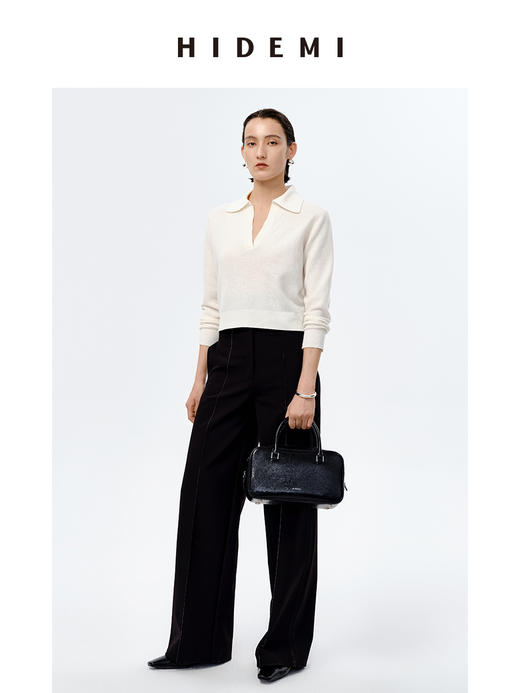 HIDEMI 美利奴羊毛系列polo式极简廓形针织毛衣 休闲灰/自然白 商品图1