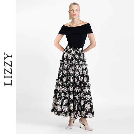 LIZZY 法式优雅玫瑰花海印花高腰中长款大摆a字半身裙7708 商品图1