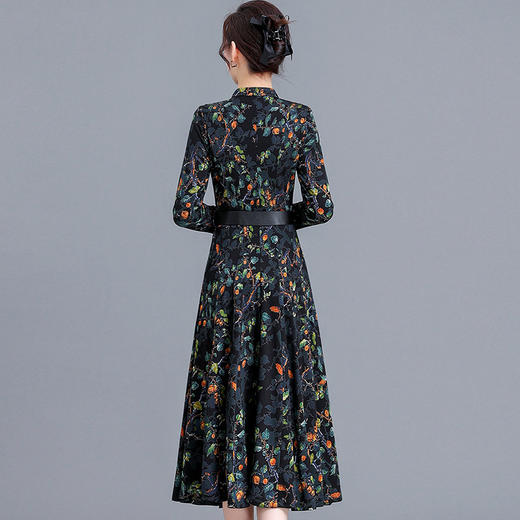 优雅修身，印花收腰腰带圆领花边连衣裙QYM-KED-8301-Y 商品图2