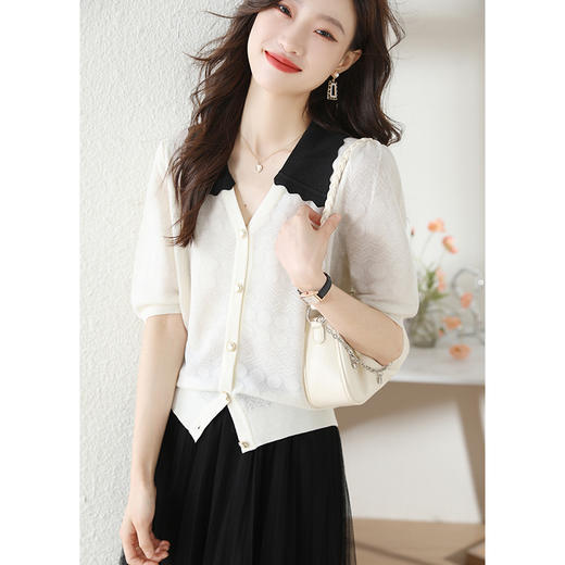 韩版拼色娃娃领，短袖针织开衫CC-AB86009 商品图1