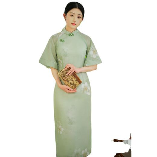 天丝提花长款大袖少女款旗袍2023春夏新款时尚改良素雅小清新旗袍 商品图4