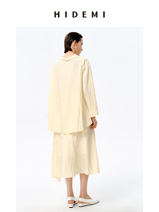 HIDEMI 褶皱云朵感极简涟漪领套装 上衣/半身裙 黄油色/藏蓝色 商品图4