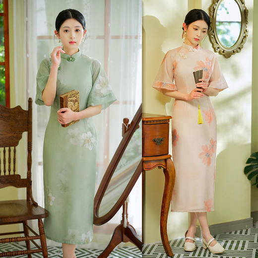 天丝提花长款大袖少女款旗袍2023春夏新款时尚改良素雅小清新旗袍 商品图1