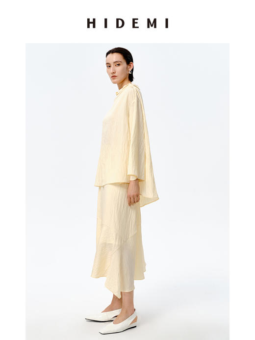 HIDEMI 褶皱云朵感极简涟漪领套装 上衣/半身裙 黄油色/藏蓝色 商品图3