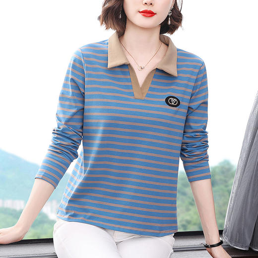百媚生 蓝色条纹长袖polo衫6750 商品图0
