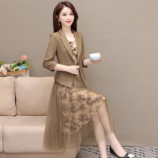 时尚小西装印花长款，七分袖网纱气质连衣裙两件套QYM-XQD-19A23010-L 商品图2