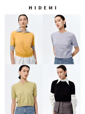 HIDEMI 美利奴羊毛系列薄款前后两面穿短款针织上衣 阳光橙/牛油果绿/马卡龙蓝/黑色