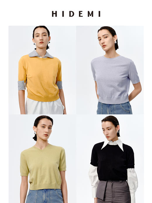 HIDEMI 美利奴羊毛系列薄款前后两面穿短款针织上衣 阳光橙/牛油果绿/马卡龙蓝/黑色 商品图0