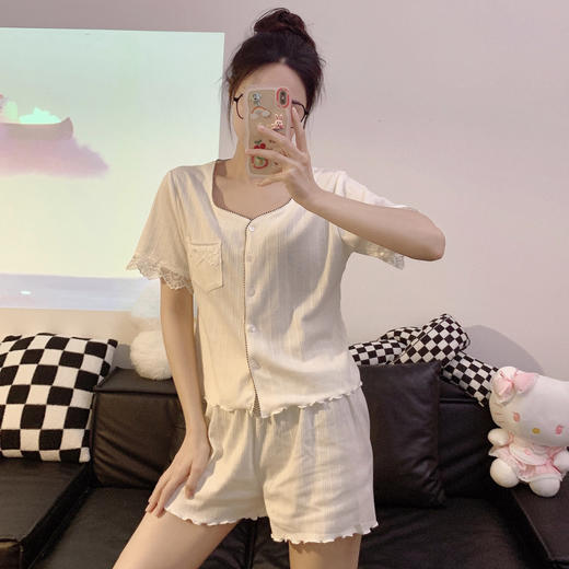 【超显气质！甜美夏季短袖法式蕾丝边】舒适到像裸穿，穿上不想脱下来！日系蕾丝甜美睡衣女可爱棉质家居服高质感款式新款可外穿大码套装女 商品图3