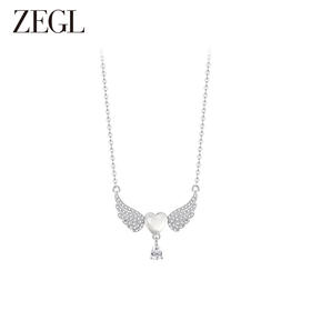 ZEGL天使之翼白玉项链女生925纯银轻奢小众锁骨链生日礼物送女友