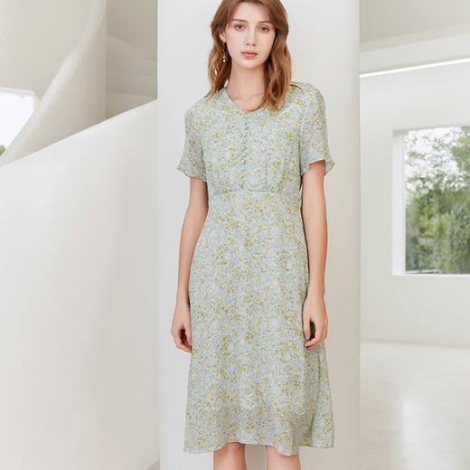 【桑蚕丝印花连衣裙】23年春夏新品女士100%真丝上衣时尚短袖中长款裙子 商品图0