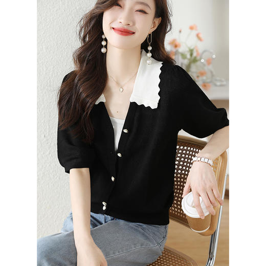 韩版拼色娃娃领，短袖针织开衫CC-AB86009 商品图2