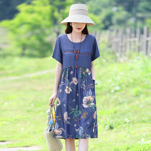 HRFS-WX62119拼接新款连衣裙2023年洋气印花时尚宽松休闲短袖连衣裙 商品图0
