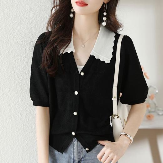 韩版拼色娃娃领，短袖针织开衫CC-AB86009 商品图0