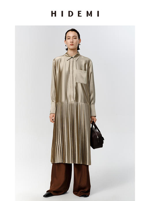 HIDEMI 缎面褶皱衬衫设计感百褶连衣裙 巧克力棕/微光绿 商品图4