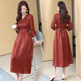 V领韩版气质优雅知性真丝连衣裙ASE-1040