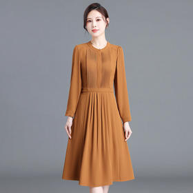 褶皱连衣裙中长款A字裙，纯色长袖裙高腰裙QYM-YX-HD23Q02-Y