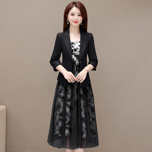 时尚小西装印花长款，七分袖网纱气质连衣裙两件套QYM-XQD-19A23010-L 商品图1